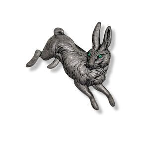 Antiqued Pewter Crystal Green Eyed Hare Bunny Brooch Pin Pendant